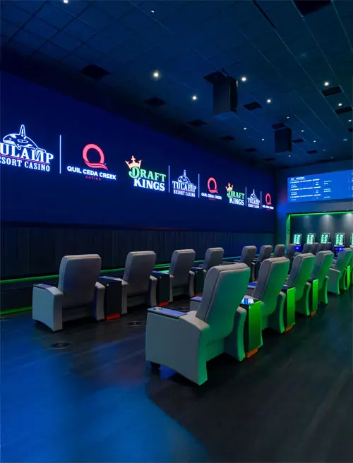 A view of the seating space of Draftkings Sportsbook at Tulalip Resort Casino